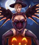  1girl breasts cleavage curvy flowerxl halloween halloween_costume highres huge_breasts jack-o&#039;-lantern moon pumpkin witch witch_hat 
