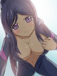  10s 1girl blue_hair blue_sky blush breasts cleavage cleavage_reach large_breasts long_hair looking_at_viewer love_live! love_live!_sunshine!! matsuura_kanan navel one-piece_swimsuit open_clothes ponytail purple_eyes sky smile solo swimsuit unzipped wet yoshi_futo 