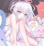  :o artist_name blue_eyes dress hair_ribbon indoors knee_up long_hair looking_at_viewer mana_(shironeko_project) on_bed pink_ribbon ribbon shironeko_project sitting solo stuffed_animal stuffed_penguin stuffed_toy tokage_(tokage0921) twitter_username white_dress white_hair 
