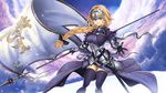  ahoge armor armored_dress bangs black_bow black_gloves black_legwear blonde_hair blue_eyes bow braid breasts capelet chain closed_mouth commentary_request cowboy_shot fate/apocrypha fate/grand_order fate_(series) faulds flag fur_trim gauntlets gloves hair_bow headpiece highres jeanne_d'arc_(fate) jeanne_d'arc_(fate)_(all) long_hair medium_breasts single_braid smile solo srsojiro thighhighs 