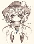  bangs bow gotoh510 hat hat_bow highres holding komeiji_koishi long_sleeves looking_at_viewer monochrome shirt solo spot_color third_eye touhou traditional_media upper_body wide_sleeves 