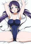  aqua_eyes blush breasts covered_navel green_eyes highres large_breasts long_hair looking_at_viewer love_live! love_live!_school_idol_project lying on_back on_bed open_mouth purple_hair showers-u side_cutout smile solo spread_legs swimsuit toujou_nozomi twintails 