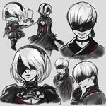  1girl artist_name backless_dress backless_outfit blindfold breasts chibi cleavage cleavage_cutout coat collar dress feather-trimmed_sleeves gloves greyscale hairband highres lolitaii medium_breasts mole mole_under_mouth monochrome nier_(series) nier_automata pod_(nier_automata) signature sketch smile sword weapon yorha_no._2_type_b yorha_no._9_type_s 