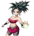  10s 1girl alternate_costume bare_arms bare_shoulders big_hair bike_shorts black_eyes black_hair breasts caulifla cleavage curvy dragon_ball dragon_ball_super earrings female fusion hair_up kale_(dragon_ball) kefla large_breasts navel ponytail potara_earrings red_skirt simple_background skirt smile solo spiked_hair spiky_hair stomach thighs white_background wristband 