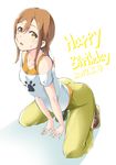  absurdres arched_back ass blush brown_hair commentary_request dated hair_between_eyes happy_birthday highres kneeling kunikida_hanamaru long_hair looking_at_viewer love_live! love_live!_sunshine!! open_mouth paw_print sidelocks simple_background solo sweat takuwanko white_background 