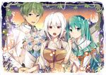  2girls :o aqua_eyes aqua_hair arm_holding ayn_(evillious_nendaiki) blush bow breasts bucket capelet clarith dusk evillious_nendaiki eyebrows_visible_through_hair flower food formal frilled_capelet frills fruit grapes green_eyes green_hair hair_bow hand_on_another's_arm hatsune_miku hetero large_breasts leaf light_particles locked_arms long_hair love_triangle michaela_(evillious_nendaiki) multiple_girls nervous open_mouth plant ponytail red_eyes rose shiro_no_musume_(vocaloid) short_hair smile suit sweatdrop tareme twilight twintails very_long_hair vines vocaloid white_hair white_suit yowane_haku yuken_52 yuri 