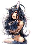  animal_ear_fluff animal_ears bare_shoulders big_hair blue_hair bound bound_wrists claws collar commentary_request fang fenrir_(shingeki_no_bahamut) granblue_fantasy hair_between_eyes highres long_hair looking_at_viewer parted_lips paws red_eyes shingeki_no_bahamut simple_background solo sukemyon tail upper_body very_long_hair white_background wolf_ears wolf_tail 