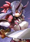  absurdres armor breasts closed_mouth commentary_request fate/grand_order fate_(series) hair_between_eyes hair_ribbon headband highres holding holding_sword holding_weapon horns japanese_armor japanese_clothes katana large_breasts long_hair looking_at_viewer oni_horns red_eyes ribbon silver_hair solo srsojiro sword tomoe_gozen_(fate/grand_order) upper_body weapon 