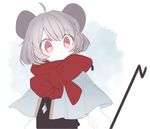  ahoge animal_ears black_dress blue_sky blush covered_mouth diamond dowsing_rod dress dual_wielding grey_hair hair_between_eyes holding jewelry long_sleeves moi2m3 mouse_ears nazrin pendant red_eyes red_scarf scarf shirt short_hair simple_background sky solo touhou upper_body white_background white_shirt 