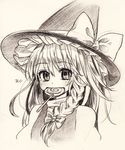  bangs bow braid candy eating food gotoh510 greyscale hair_bow hat hat_bow highres kirisame_marisa lollipop long_hair looking_at_viewer monochrome side_braid solo touhou traditional_media upper_body witch_hat 