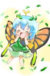  :d ^_^ antennae blue_hair blush_stickers butterfly_wings chibi closed_eyes dress eternity_larva hands_on_own_cheeks hands_on_own_face head_wreath highres leaf natsune_ilasuto open_mouth short_hair smile solo sparkle touhou wings 