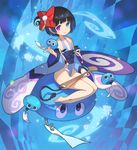  bangs bare_legs bare_shoulders barefoot black_bow black_hair blue_background blue_eyes blue_swimsuit bow checkered closed_mouth collarbone commentary_request detached_sleeves eyebrows_visible_through_hair fan fish fundoshi hair_ornament heterochromia highleg highleg_swimsuit holding holding_fan japanese_clothes kimono long_sleeves looking_at_viewer minigirl obi one-piece_swimsuit original oversized_object paper_fan pinwheel pinwheel_hair_ornament purple_eyes saitou_naoki sash short_hair smile solo swimsuit swirl wide_sleeves wind_chime 