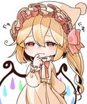  alternate_costume bad_id bad_twitter_id blonde_hair chibi closed_mouth commentary_request flandre_scarlet gotoh510 hair_between_eyes hair_ribbon hat highres long_hair nightcap nightgown red_eyes red_ribbon ribbon side_ponytail simple_background solo tears touhou white_background wings 