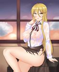  absurdres arm_support ass blonde_hair blush breasts brown_skirt covered_nipples evening hair_between_eyes highres highschool_of_the_dead indoors keshigomu large_breasts long_hair long_skirt long_sleeves looking_at_viewer marikawa_shizuka no_bra open_mouth panties pointing pointing_at_self purple_panties ribbon see-through shirt sitting skirt sky solo star_(sky) starry_sky thighs torn_clothes torn_skirt underwear very_long_hair wet wet_clothes white_shirt window yellow_eyes 