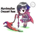  1girl boots cape chibi commentary crescent_rose iesupa inflatable_toy pantyhose ruby_rose rwby scythe solo speech_bubble spoken_ellipsis sweatdrop 