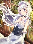  absurdres azur_lane belfast_(azur_lane) blue_eyes braid breasts chain cleavage collar collarbone commentary_request elbow_gloves french_braid gloves highres large_breasts long_hair looking_at_viewer maid maid_headdress siroimo0828 solo white_hair wind window 