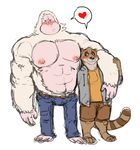  &lt;3 abs anthro arm_around_shoulder arm_grab barefoot belt big_muscles black_eyes black_nose blush brown_eyes brown_fur cartoon_network clothed clothing cute duo feet frown fur half-closed_eyes hoodie hyenaface interspecies jacket jeans larger_male looking_away male male/male mammal multicolored_fur muscular muscular_male navel nipples pants partially_clothed pecs pink_nipples pink_nose pink_skin procyonid raccoon regular_show rigby_(regular_show) romantic_couple shirt shorts shy simple_background size_difference skips slightly_chubby smaller_male smile speech_bubble standing striped_tail stripes topless white_background white_fur yeti 