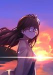  azur_lane blurry brown_eyes brown_hair chikuwa_(garakuta_waakusu) cloud cloudy_sky commentary_request depth_of_field earrings glasses highres horizon jewelry london_(azur_lane) long_hair looking_at_viewer sky solo sunlight sunset wind 