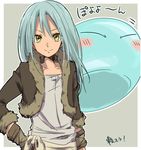  androgynous blue_hair border coat collarbone dual_persona long_hair looking_at_viewer riarashu rimuru_tempest signature slime sound_effects straight_hair tensei_shitara_slime_datta_ken white_border wrist_cuffs yellow_eyes 