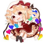 ascot bad_id bad_twitter_id blonde_hair bow brown_footwear chibi commentary_request flandre_scarlet gotoh510 hair_between_eyes hat hat_bow heart highres long_hair looking_at_viewer miniskirt mob_cap one_side_up petticoat pointy_ears puffy_short_sleeves puffy_sleeves red_eyes red_skirt shoes short_sleeves simple_background skirt skirt_set smile socks solo touhou vest white_background white_hat white_legwear wings 