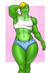  2017 amphibian blonde_hair blue_eyes clothed clothing frog green_skin hair kostos_art looking_at_viewer male pose solo standing tube_top wide_hips 