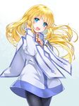  :d black_legwear blonde_hair blue_background blue_eyes cape choker collet_brunel cowboy_shot dress gradient gradient_background hitsuji_kumo long_hair looking_at_viewer open_mouth pantyhose simple_background smile solo tales_of_(series) tales_of_symphonia white_background white_cape white_dress yellow_neckwear 