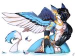  2017 ammeris animal_genitalia animal_penis ankh anthro avian balls beak big_penis black_feathers black_hair black_penis black_scales blue_feathers blue_fur bracelet claws clothing digital_media_(artwork) egyptian erection feathered_wings feathers fur gryphon hair hand_on_hip holding_penis jewelry knot loincloth male markings multi_knot multicolored_hair necklace nipples open_mouth penis scales simple_background smile solo spirale white_feathers wide_hips wings yellow_eyes yellow_markings 