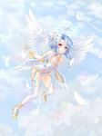  :o bare_shoulders blue_hair cloud cloudy_sky elbow_gloves feathered_wings flower four_goddesses_online:_cyber_dimension_neptune full_body gloves hair_flower hair_ornament halo highres jewelry kazuneko_(wktk1024) looking_at_viewer neptune_(series) power_symbol red_eyes short_hair_with_long_locks sky solo symbol-shaped_pupils white_gloves white_heart white_legwear wings 