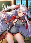  :d azur_lane black_gloves blurry bottle breasts cola commentary_request crazy_straw depth_of_field drinking_straw gloves headgear heart_straw holding iron_cross large_breasts leaning_forward long_hair looking_at_viewer open_mouth orange_eyes pensuke prinz_eugen_(azur_lane) sideboob silver_hair smile solo tatami two_side_up window 