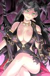 artemisia_(flower_knight_girl) black_dress black_hair breasts bridal_gauntlets cleavage closed_mouth crossed_legs dress flower_knight_girl green_eyes head_wings ishizu_kayu large_breasts long_hair looking_at_viewer purple_background sash sitting smile snake solo torn_clothes torn_dress 