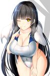  bangs black_hair blush breasts chixiao cleavage closed_mouth collarbone commentary_request competition_swimsuit covered_navel cowboy_shot eyebrows_visible_through_hair finger_to_mouth girls_frontline hand_up highres index_finger_raised large_breasts leaning_forward long_hair looking_at_viewer one-piece_swimsuit one_eye_closed qbz-95_(girls_frontline) smile solo swimsuit thighs towel towel_around_neck yellow_eyes 