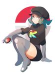  azuumori black_hat black_shirt black_skirt blue_eyes blue_hair boots breasts cabbie_hat elbow_gloves emblem full_body gloves grey_footwear grey_gloves grey_legwear hat holding holding_poke_ball looking_at_viewer medium_breasts poke_ball poke_ball_(generic) pokemon pokemon_(game) pokemon_usum shirt simple_background sitting skirt solo team_rainbow_rocket_grunt team_rainbow_rocket_uniform thigh_boots thighhighs turtleneck white_background 