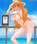  blue_sky breasts dated ginko_(silver_fox) hat large_breasts long_hair long_legs nami_(one_piece) nipples nude ocean one_piece orange_eyes orange_hair outdoors revision sky solo straw_hat tattoo watermark web_address 