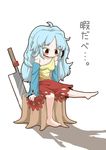  ahoge barefoot blue_hair blush_stickers bow breasts cleaver detached_sleeves frown long_hair medium_breasts messy_hair off-shoulder_blouse sad sakata_nemuno sitting_on_tree_stump skirt solo tears touhou translated tree_stump zannen_na_hito 