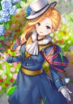  :d ascot asymmetrical_hair azur_lane blonde_hair blue_capelet blue_eyes blurry capelet commentary_request depth_of_field earrings flower from_below gloves hood_(azur_lane) jewelry long_hair looking_at_viewer looking_up open_mouth pensuke rose smile solo union_jack white_flower white_gloves white_rose 