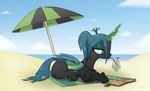  2017 beach bedding beverage black_body blanket blue_hair blue_sclera book changeling crossed_hooves day detailed_background digital_media_(artwork) drinking equine eyelashes female feral friendship_is_magic green_eyes hair half-closed_eyes hi_res horn insect_wings lying magic mammal my_little_pony outside ponytail queen_chrysalis_(mlp) reading sand seaside shoutingisfun sky solo straw umbrella water wings 