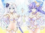  angel angel_wings bare_shoulders black_heart blue_eyes braid breasts cleavage feathered_wings four_goddesses_online:_cyber_dimension_neptune gloves hair_ornament kagura_ittou leotard long_hair looking_at_viewer medium_breasts multiple_girls neptune_(series) purple_hair purple_heart symbol-shaped_pupils twin_braids very_long_hair white_hair white_wings wings 