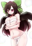  bad_id bad_pixiv_id bare_shoulders black_hair bow breast_hold breasts budget_sarashi commentary_request fundoshi green_bow hair_bow hajime_(ak-r) japanese_clothes large_breasts long_hair looking_at_viewer midriff parted_lips pink_eyes reiuji_utsuho sarashi smile solo touhou wings 