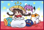  :d ajirogasa bangs black_eyes black_hair blue_background blunt_bangs blush braid brown_hat coo_(kirby) crossover earlobes eyebrows_visible_through_hair flying framed frilled gooey hat in_container in_sack kine_(kirby) kirby's_dream_land_2 kirby's_dream_land_3 kirby_(series) long_hair open_mouth pote_(ptkan) red_eyes rick_(kirby) sack smile star sweatdrop tongue tongue_out touhou twin_braids yatadera_narumi 