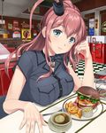  bangs blue_eyes blush breast_rest breasts brown_hair checkered checkered_floor closed_mouth commentary_request diner eyebrows_visible_through_hair food fork hair_between_eyes hamburger hammerman_benkei indoors kantai_collection large_breasts light_smile long_hair looking_at_viewer matzo_ball one_side_up potato_wedges pov_dating saratoga_(kantai_collection) short_sleeves side_ponytail sidelocks sitting smile solo soup 