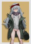  1girl absurdres aegisfate bare_shoulders blush bottomless breasts brown_eyes closed_mouth coat colored_eyelashes embarrassed g11_(girls_frontline) girls_frontline green_coat hat hat_removed headband headwear_removed highres holding holding_hat jacket legs_apart long_hair long_sleeves open_clothes open_coat open_jacket purple_scarf pussy scarf shirt sleeves_past_wrists small_breasts solo straight_hair very_long_hair white_shirt 