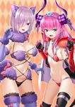  :d animal_ears argyle argyle_background armor bangs bikini bikini_armor black_gloves black_legwear blue_eyes blush bow breasts cape cleavage cowboy_shot curled_horns dangerous_beast detached_collar diadem elbow_gloves elizabeth_bathory_(fate) elizabeth_bathory_(fate)_(all) elizabeth_bathory_(halloween)_(fate) eyebrows_visible_through_hair eyes_visible_through_hair fang fate/grand_order fate_(series) flat_chest fur-trimmed_gloves fur-trimmed_legwear fur_collar fur_trim gloves hair_over_one_eye highres large_breasts looking_at_viewer mash_kyrielight multiple_girls navel open_mouth pink_bow pink_hair pointy_ears purple_eyes purple_gloves purple_hair purple_legwear red_bikini revealing_clothes saruchitan short_hair shoulder_armor smile spaulders standing stomach swimsuit tail thighhighs two_side_up v-shaped_eyebrows vambraces white_cape wolf_ears wolf_tail 