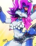  2019 anthro big_breasts blush bracelet breasts canine chest_tuft cleavage clothed clothing collar cute_fangs eyewear female fox fur hair j-fujita jewelry looking_at_viewer mammal paladins pepper_(paladins) purple_fur simple_background solo sunglasses tongue tuft white_background 