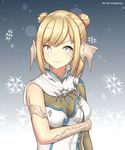  absurdres andonoz au_ra blonde_hair breasts double_bun dragon_horns final_fantasy final_fantasy_xiv gradient gradient_background highres horns looking_at_viewer medium_breasts scales short_hair silver_eyes snowflakes solo upper_body 