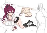  arm_support bangs bed black_skirt blouse blush breasts closed_mouth clothes_removed eyebrows_visible_through_hair hair_between_eyes ikezawa_shin leaning_to_the_side long_sleeves looking_at_viewer mahou_shoujo_madoka_magica no_bra no_shoes on_bed panties panties_around_one_leg pleated_skirt ponytail red_eyes red_hair sakura_kyouko seductive_smile simple_background sitting skirt small_breasts smile socks solo underwear white_background white_blouse white_panties 