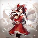  aiko_(kanl) arm_up bad_id bad_pixiv_id black_legwear bow brown_hair detached_sleeves floating_hair hair_bow hakurei_reimu highres holding leg_up long_hair looking_at_viewer midriff navel open_mouth red_bow red_eyes red_shirt red_skirt ribbon-trimmed_shirt ribbon-trimmed_sleeves ribbon_trim shirt skirt solo standing standing_on_one_leg stomach thighhighs touhou very_long_hair 
