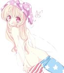  american_flag_legwear ass back blonde_hair clownpiece cowboy_shot fairy_wings from_behind hat inasa_orange jester_cap long_hair no_panties open_mouth pantyhose pantyhose_pull pink_eyes polka_dot purple_hat simple_background solo star star_print striped topless touhou white_background wings 