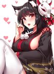  \n/ animal_ears azur_lane black_hair black_kimono blush breasts commentary_request covered_nipples eyebrows_visible_through_hair fang fox_mask hair_ribbon heart heart-shaped_pupils japanese_clothes kaerunoko kimono large_breasts leg_up looking_at_viewer mask mask_on_head open_mouth red_eyes ribbon saliva saliva_trail short_hair sideboob simple_background smile solo sweat symbol-shaped_pupils thick_eyebrows thighhighs tongue tongue_out white_legwear yamashiro_(azur_lane) 