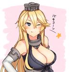  blonde_hair blue_eyes breasts cleavage elbow_gloves front-tie_top gloves headgear highres iowa_(kantai_collection) kantai_collection large_breasts long_hair looking_at_viewer one_eye_closed solo star star-shaped_pupils symbol-shaped_pupils tongue tongue_out upper_body yuubokumin 