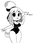  2017 animal_crossing anthro breasts canine clothed clothing dog english_text female fur hair hearlesssoul isabelle_(animal_crossing) looking_at_viewer mammal nintendo open_mouth solo standing swimsuit text video_games 